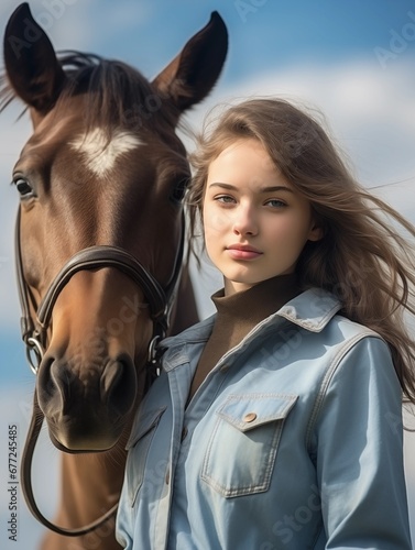 portrait of a beautiful cute girl and a horse