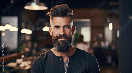 Stylish, bearded man with a neat haircut posing with an intense gaze and a serious expression in a modern barbershop setting. photo