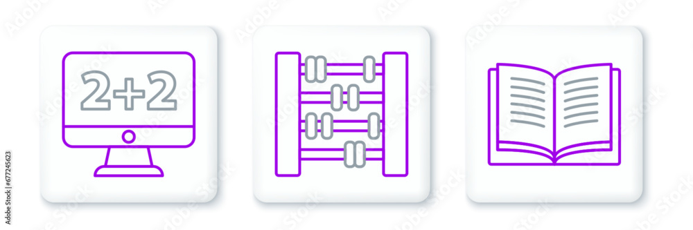 Set line Open book, Equation solution and Abacus icon. Vector Set line Open book, Equation solution and Abacus icon. Vector