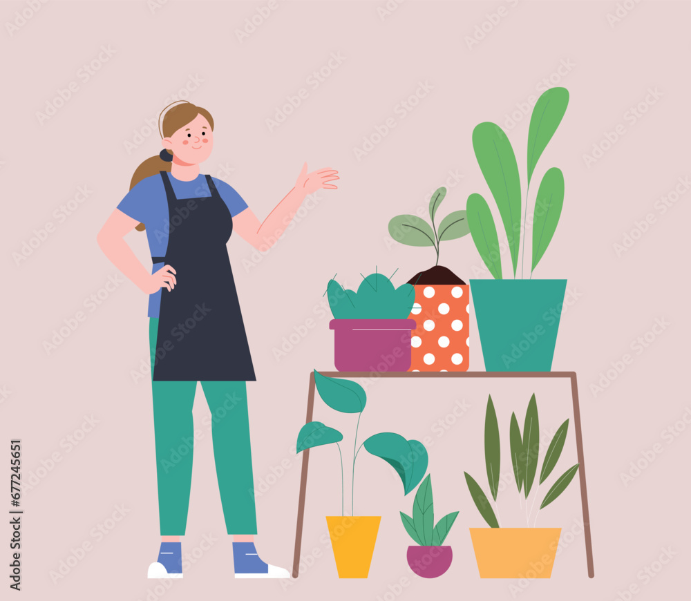 Gardener character. Young female florist, planting green in pots. Home garden hobby, woman sale plants or care about flora, vector scene Gardener character. Young female florist, planting green in pots. Home garden hobby, woman sale plants or care about flora, vector scene