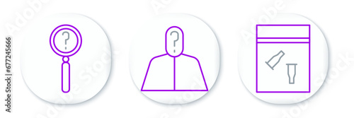 Set line Evidence bag and bullet, Magnifying glass with search and Anonymous question mark icon. Vector