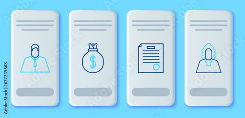 Set line Money bag, The arrest warrant, Lawyer, attorney, jurist and Judge icon. Vector