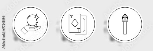Set line Magic staff, ball on hand and Playing cards icon. Vector