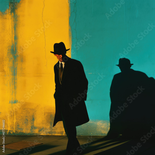 Silhouettes in Contrast: Shadows of Men Cast on the Wall, Embraced by the Style of Dark Sky-Blue and Yellow, Creating a Striking Visual Composition