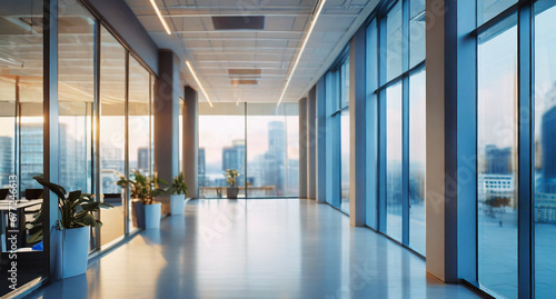 Empty modern office hall with panoramic windows and beautiful lighting and a blurred background of the cityscape