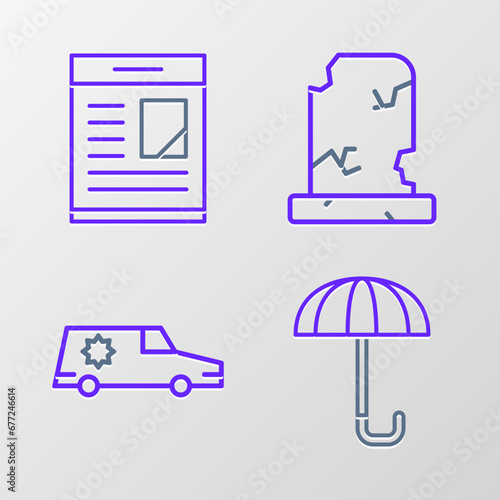 Set line Umbrella, Hearse car, Old grave with tombstone and Obituaries icon. Vector