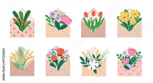 Envelopes with flowers, floral bouquets inside envelope. Spring summer congratulation concept. Plants gifts, romantic declaration racy vector set