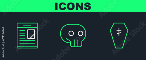 Set line Coffin with cross, Obituaries and Skull icon. Vector