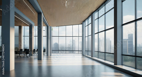 Empty modern office hall with panoramic windows and beautiful lighting and a blurred background of the cityscape