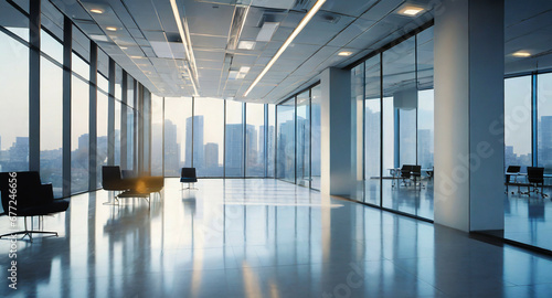 Empty modern office hall with panoramic windows and beautiful lighting and a blurred background of the cityscape