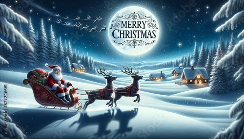 Merry Christmas postcard scene with Santa Claus on sleigh in a starry night sky with reindeer photo