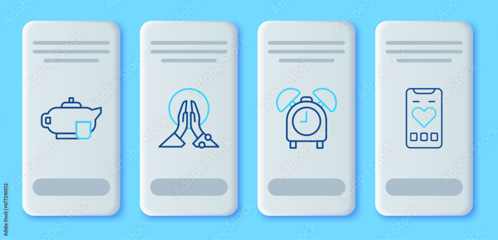Set line Meditation, Alarm clock, Teapot with cup and Mobile heart rate icon. Vector Set line Meditation, Alarm clock, Teapot with cup and Mobile heart rate icon. Vector