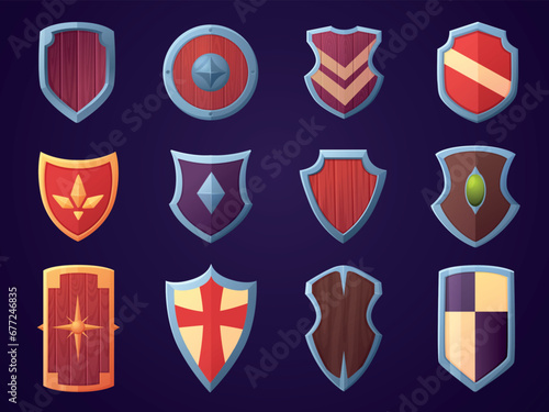 Medieval wooden shield cartoon design. Shields round and square, isolated various warrior safety icons. Medieval armors details, nowaday vector set
