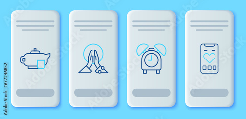Set line Meditation, Alarm clock, Teapot with cup and Mobile heart rate icon. Vector