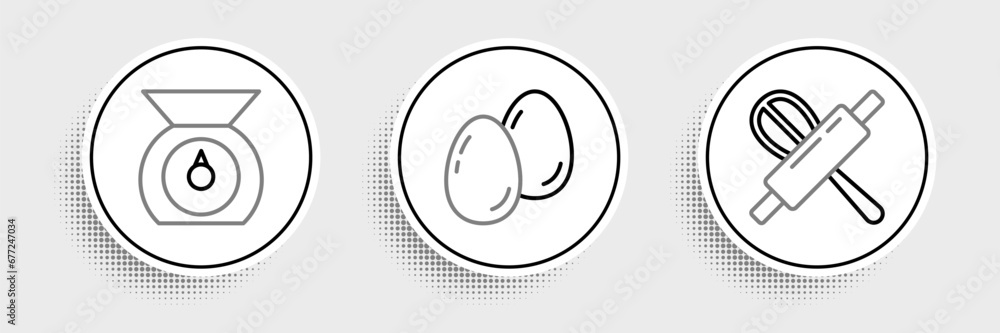 Set line Kitchen whisk and rolling pin, Scales and Easter eggs icon. Vector Set line Kitchen whisk and rolling pin, Scales and Easter eggs icon. Vector