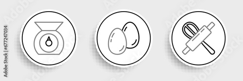 Set line Kitchen whisk and rolling pin, Scales and Easter eggs icon. Vector