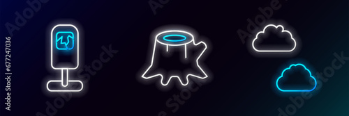 Set line Cloud, Trash can and Tree stump icon. Glowing neon. Vector
