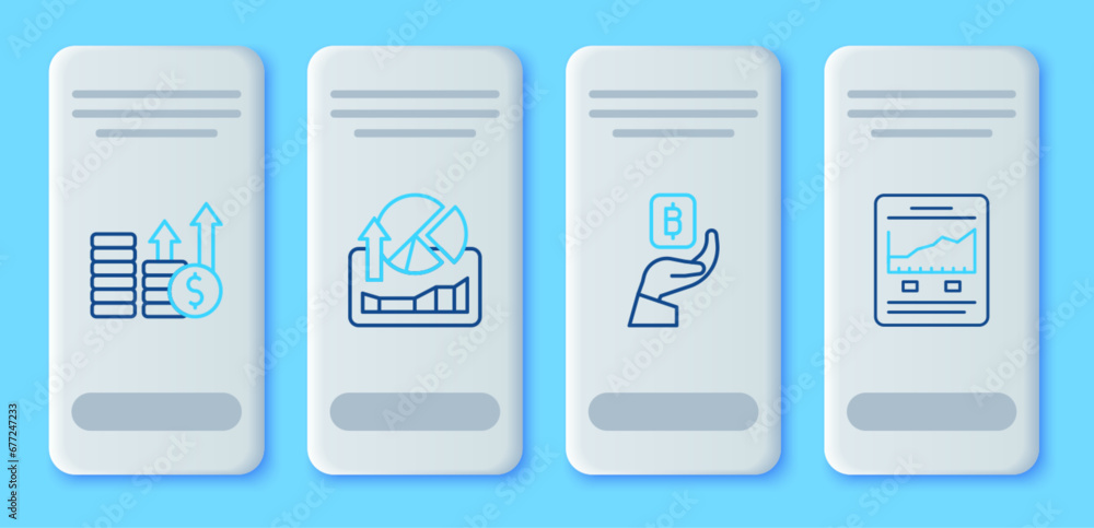 Set line Stocks market growth graphs, Hand holding Bitcoin, Financial dollar and Website with icon. Vector