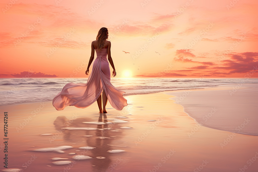 Young Woman Walking on the Beach at Sunset, Captured in the Style of Large Canvas Sizes, Radiating Youthful Energy with Influences from Celebrity Photography, Airbrushing for a Flawless Finish, Tinged