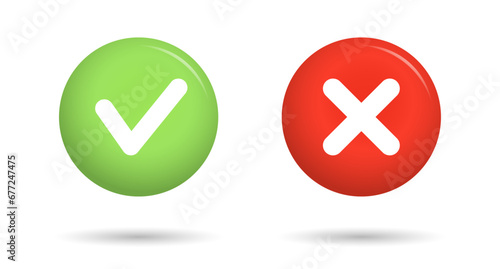 Green check mark and red cross icon. Isolated checkmarks, checklist signs, approval icon. Vector photo