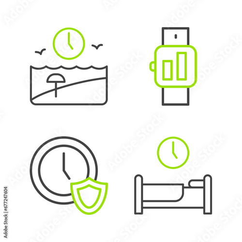 Set line Time to sleep, Clock with shield, Smartwatch and Vacation time icon. Vector