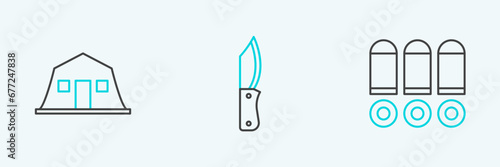 Set line Bullet, Military barracks and knife icon. Vector