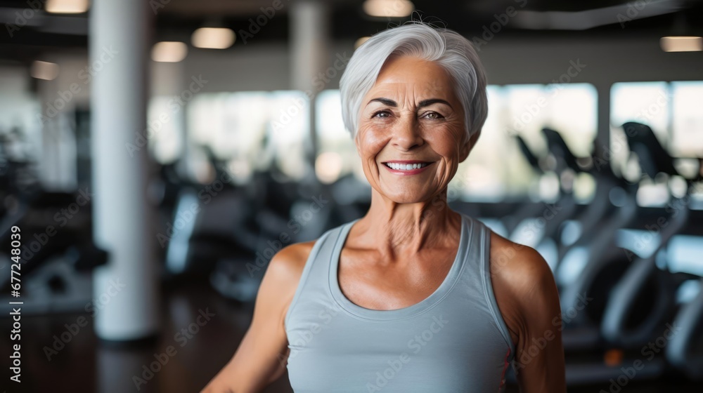 Fototapeta premium Smiling senior woman in a gym very fit fitness for seniors concept