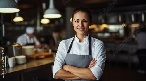 Smiling female chef in her restaurant women owned business concept photo