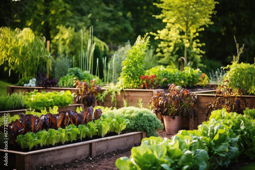 Beds in garden growing plants, herbs and vegetables