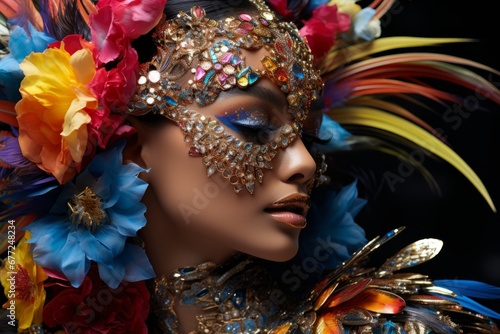 Close-up of beautiful Hispanic woman wearing carnival mask and headdress made of feathers and flowers. Glamorous dancer. Pretty girl with bright stage makeup. Beauty and fashion. Black background. © Georgii