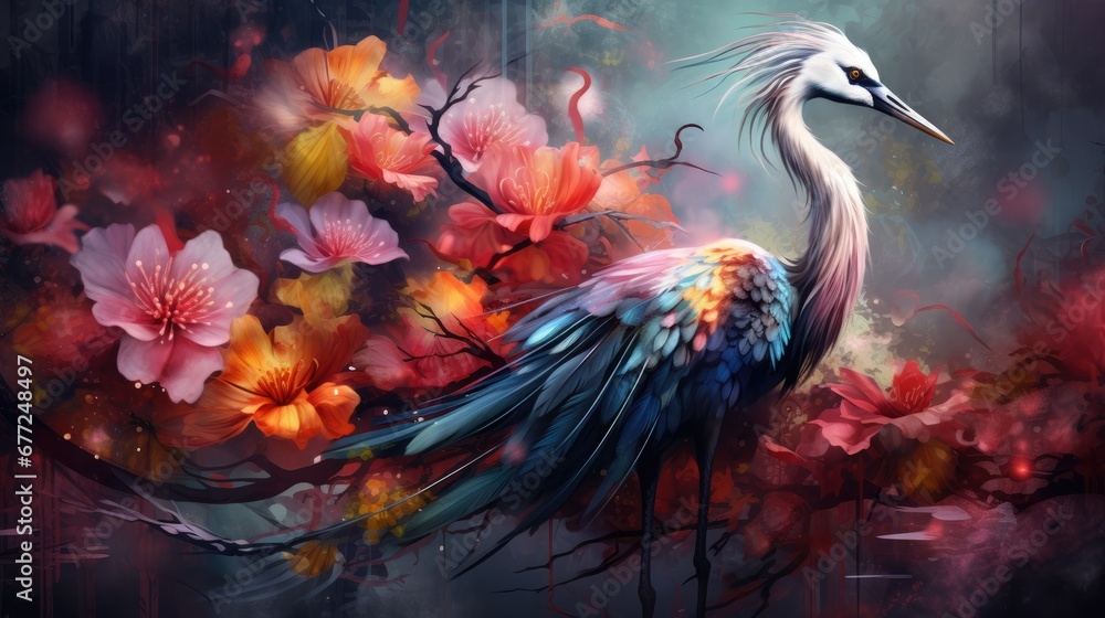 Fototapeta premium a painting of a heron perched atop a tree branch surrounded by vibrant flowers The heron is painted in a realistic style, with its feathers and beak clearly visibl