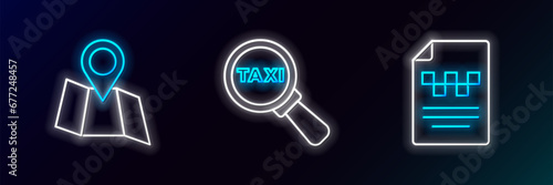 Set line Taxi driver license, Folded map with location and Magnifying glass and taxi car icon. Glowing neon. Vector