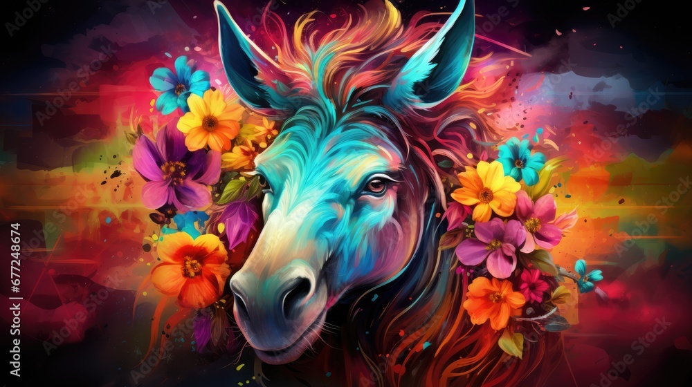 a painting of a horse with colorful flowers on it's head and a blue ...