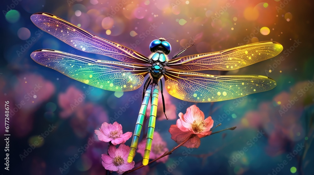  a dragonfly sitting on top of a pink flower next to a blue and yellow dragon flying over a pink flower.  generative ai - obrazy, fototapety, plakaty 