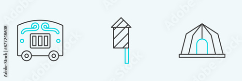 Set line Circus tent, wagon and Firework rocket icon. Vector