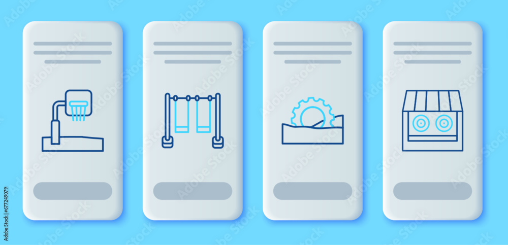 Set line Double swing, Ferris wheel, Basketball backboard and Shooting gallery icon. Vector Set line Double swing, Ferris wheel, Basketball backboard and Shooting gallery icon. Vector