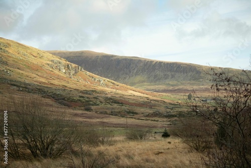Snowdonia landscape of green hills with wild plants in Wales with blue sky