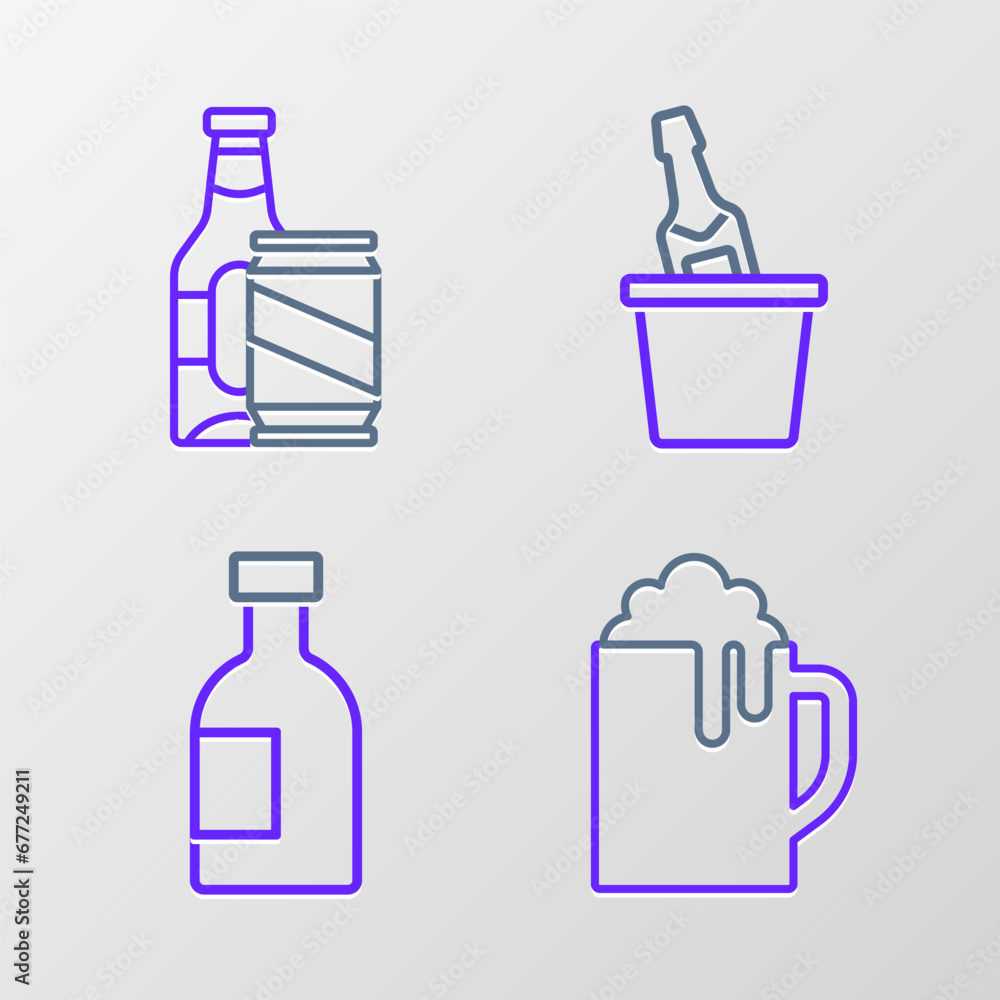Set line Wooden beer mug, Glass bottle of vodka, Champagne in an ice bucket and Beer and can icon. Vector Set line Wooden beer mug, Glass bottle of vodka, Champagne in an ice bucket and Beer and can icon. Vector