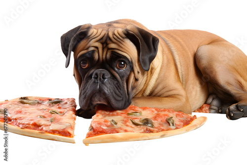 Bullmastiff Eating Pizza Full Body Isolated Transparent Background Pet Canine Companion Food Snack Cute Fun Studio Photography

