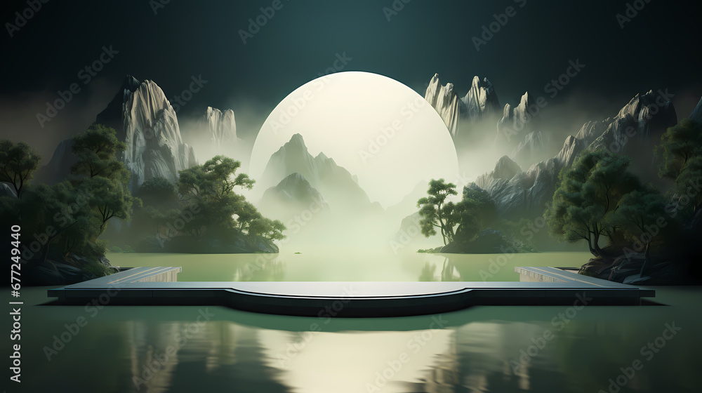 Chinese landscape products booth scene, e-commerce, podium, stage, product demonstration background, PPT background, 3D rendering