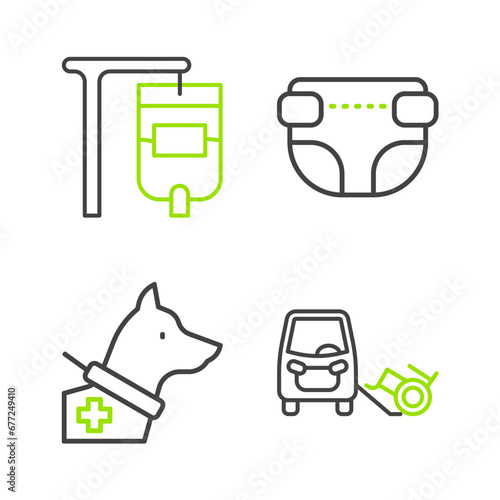 Set line Disabled car, Guide dog, Adult diaper and IV bag icon. Vector