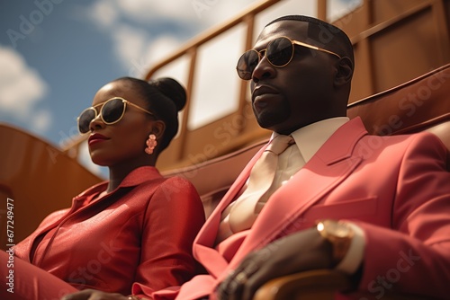 Portrait of glamorous African American couple posing outdoors. Attractive man and woman in expensive pink suits and stylish sunglasses against the blue sky. Bottom-up perspective. Beauty and fashion. © Georgii