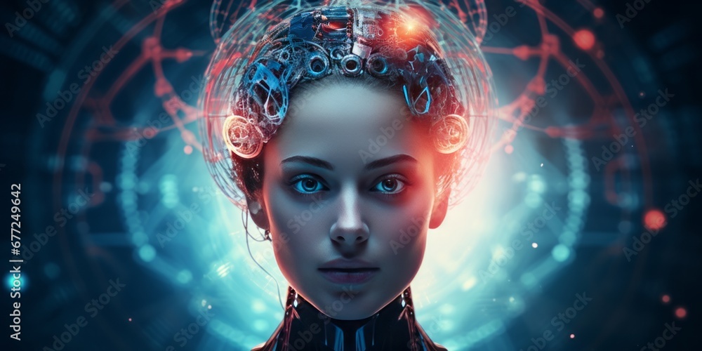 Womans Face Adorned with Communication Symbols, VR Glasses, and a Connection to the Internet, Creating a Technological Tapestry in the Background of Innovation and Virtual Reality