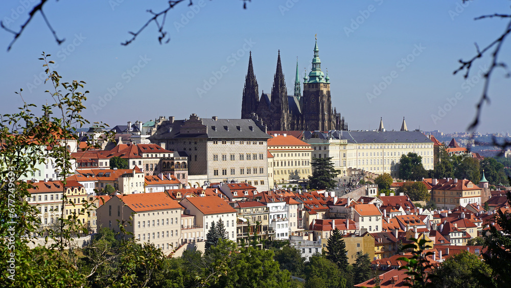Czech Republic, Prague, September 2023: View from Charles Bridge to Prague Castle and St. Vitus Cathedral. Concept - tourism, travel.