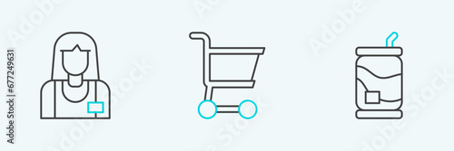 Set line Soda can, Seller and Shopping cart icon. Vector