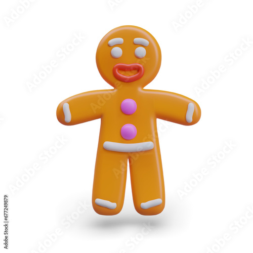 Front view of gingerbread man. Concept of cookies for Christmas and new year celebration. Sweets for children in realistic cartoon 3d style. Vector illustration