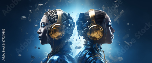 Two people in profile with golden headphones on a blue background with a cosmic galalraphic effect, in the style of toonami, frostpunk, banner for DJ music