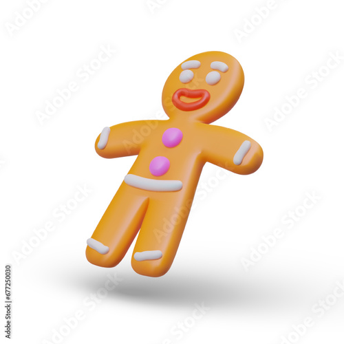 Gingerbread man in tilted position. Cookies in shape of character. Baking with decorative glaze. Sweet original treat. Traditional Christmas dessert. Vector image