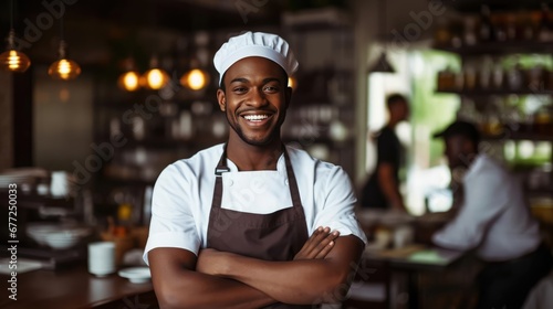 Smiling black chef in his restaurant black owned business concept photo