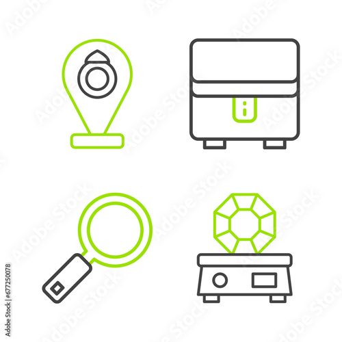 Set line Gem stone, Magnifying glass, Jewelry box and store icon. Vector